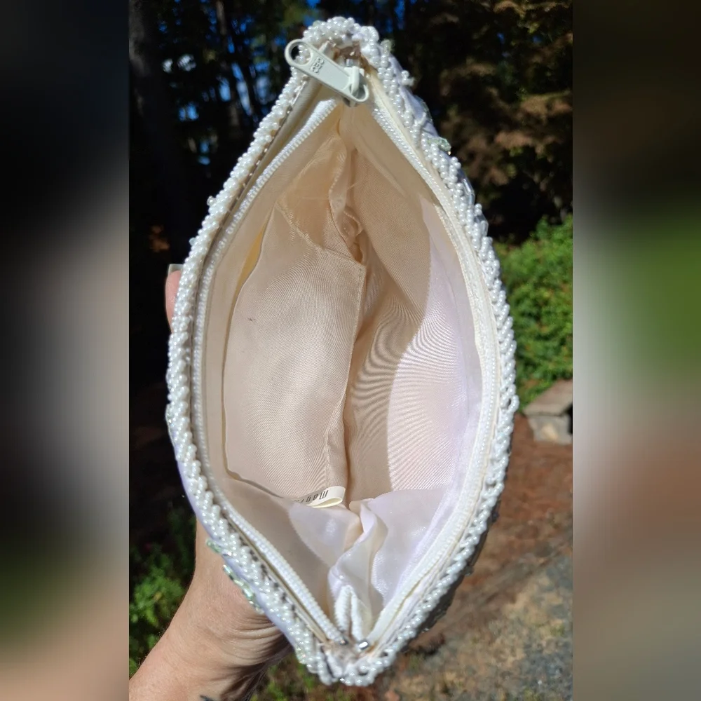 Vintage Magid White Satin & Pastel Rainbow Beaded Clutch Bag